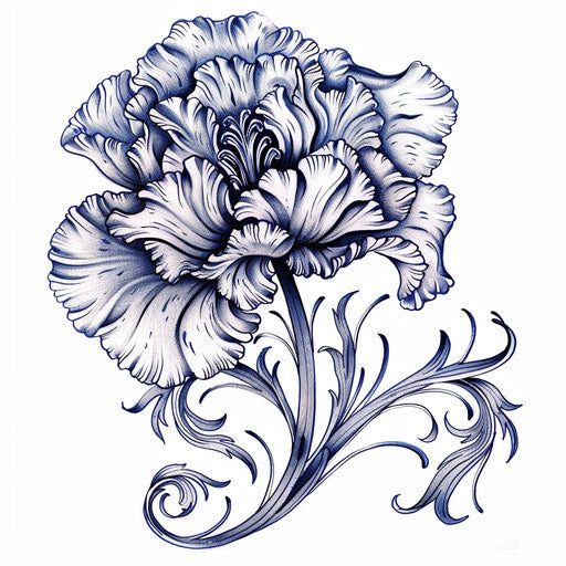 Victorian filigree carnation tattoo on white background