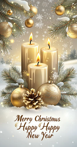Christmas candles and golden decoration on white background