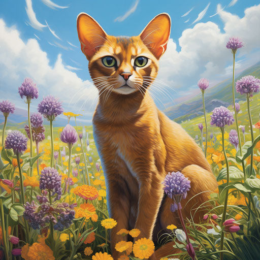 Abyssinian cat in a field of flowers