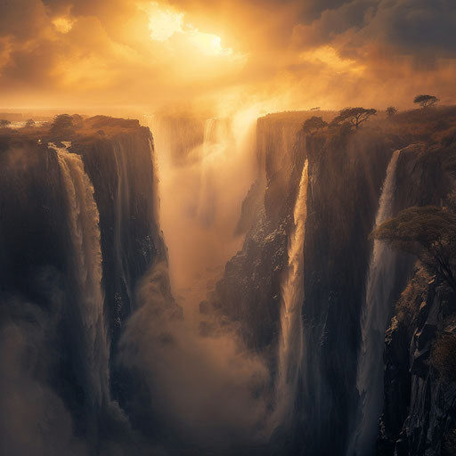 Victoria Falls with epic mist and golden hour light