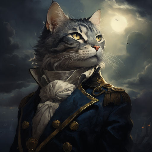 Gray and white cat, dark sky-blue and dark gold style