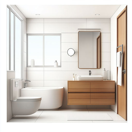 3D bathroom in photo realistic style with flat white background