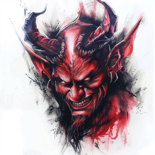Hyper-realistic devil face tattoo design on white background