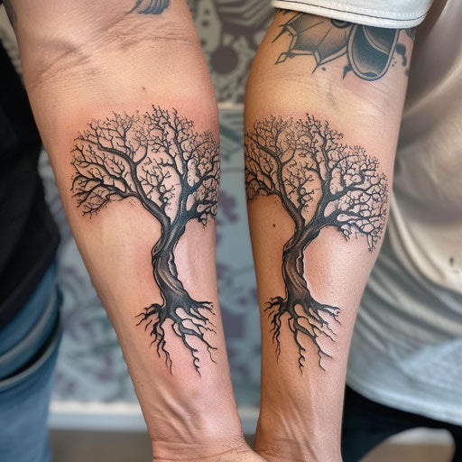 Matching tree of life tattoos, in the style of Glenn Fabry
