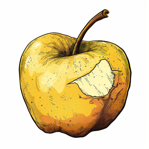 Flat clipart tattoo sketch of a golden apple with a bite taken out