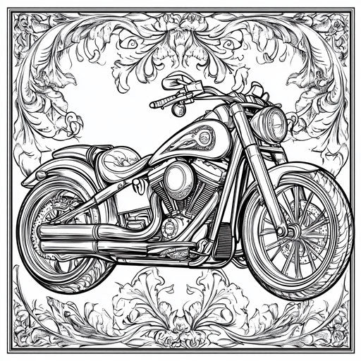 A majestic motorcycle with a regal design, in the style of Mark Schultz, Coloring book page