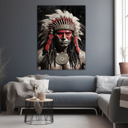 Indian warrior of warrior tribe print on feather-shaped canvas