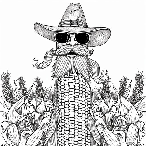 Whimsical corn character with hat and sunglasses. Coloring book page