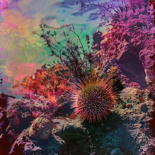 Sea urchin on a colorful underwater landscape with coral and seaweed, in the style of Laurent Baheux