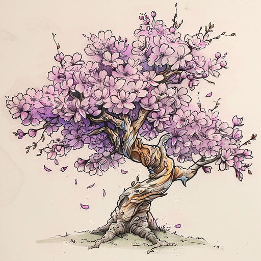 Flat tattoo sketch of a sakura tree in full bloom with a pastel color palette