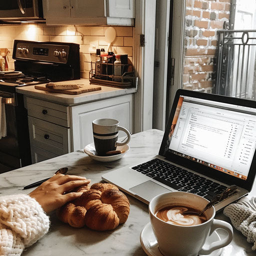Working on laptop at kitchen table