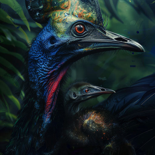 Cassowary with its young, tender and warm, in the style of Ashraful Arefin