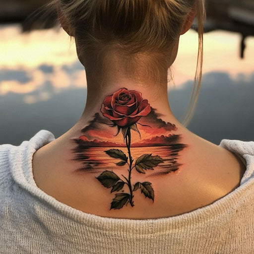 Rose neck tattoo in the style of David Palumbo with a rose blooming under a sunset