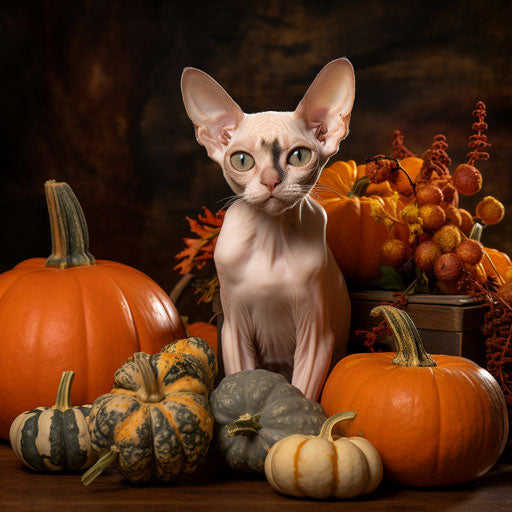 Devon rex cat resting with pumpkins