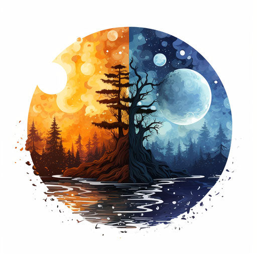 Day and night clipart in the style of Oil painting, on a white background