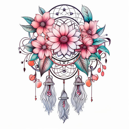 Dream catcher drawing on white background with flowers - bold outline style