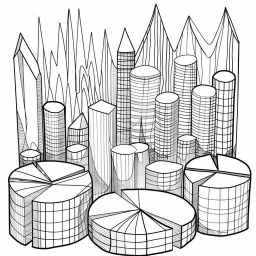 A fun coloring page of pie charts and bar graphs