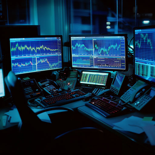 Composition of finance with graphs and charts illuminating a trader's desk