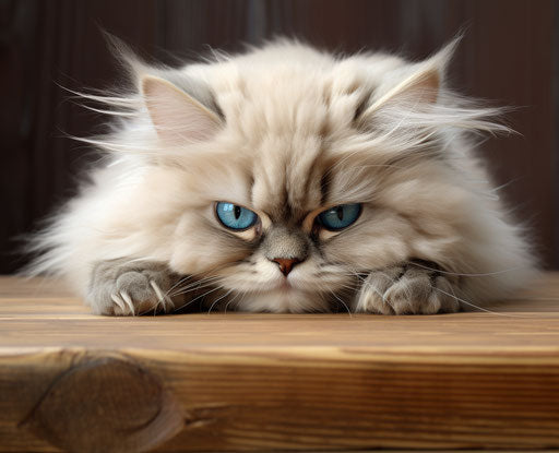 Soft cat on wooden floor, dark beige and sky-blue style