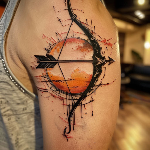 Silhouette of a bow and arrow tattoo at sunset