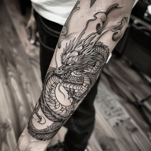 Men's forearm tattoo with dragon, Ami James style