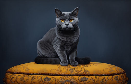 Gray cat sitting on a cushion, in dark blue and yellow style, exaggerated features 17:11