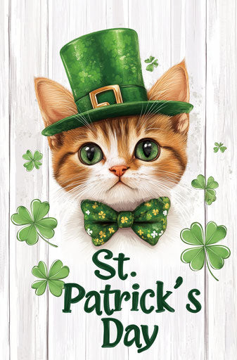 Cute cat with green hat and bow tie, surrounded by clover