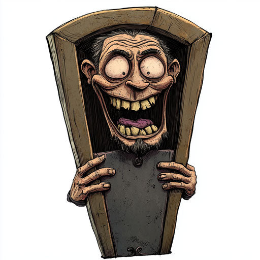 Humorous caricature of a coffin with human characteristics