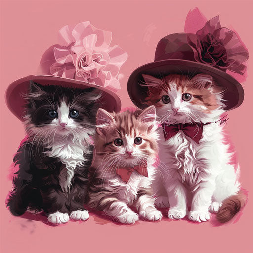 Cute kittens in light pink and maroon fashion hats