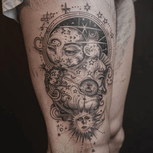 Cosmic and celestial thigh tattoo