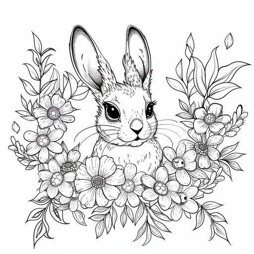 Bunny surrounded by a wreath of spring flowers