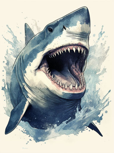 Shark art poster, humor meets heart, navy and aquamarine, tattoo, ashcan school, honeycore, ink and wash, environmental awareness 93:125