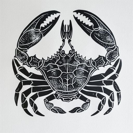 Handcrafted Cancer zodiac tattoo in linocut on white paper