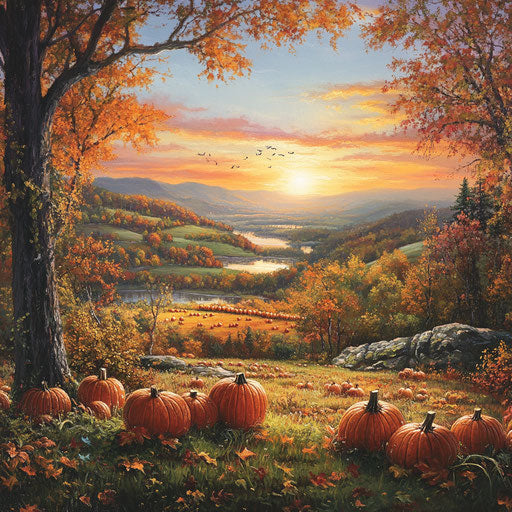 Pumpkin patch on a hillside at sunset