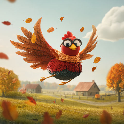 Flying turkey superhero over the farm