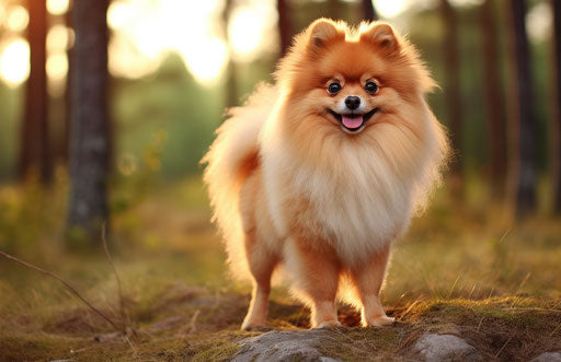 Pomeranian dog breeds, origins and history, light red and light emerald style, accurate and detailed 17:11