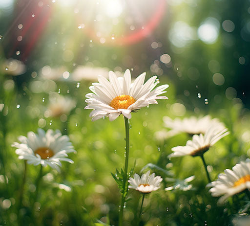 White daisy in the grass, sunrays style, light red and emerald, poetic elegance