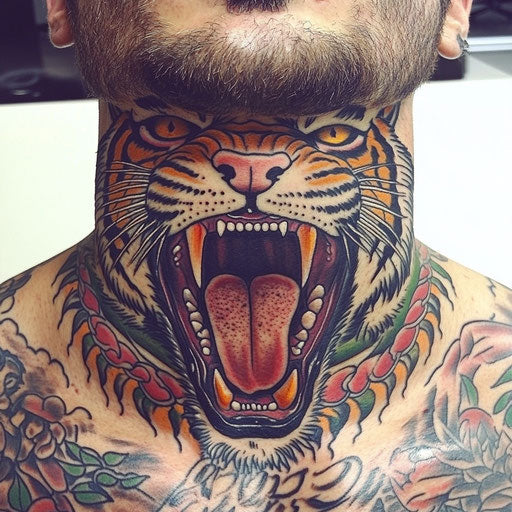Throat tattoos for men with a fierce tiger's face, in the style of Ami James
