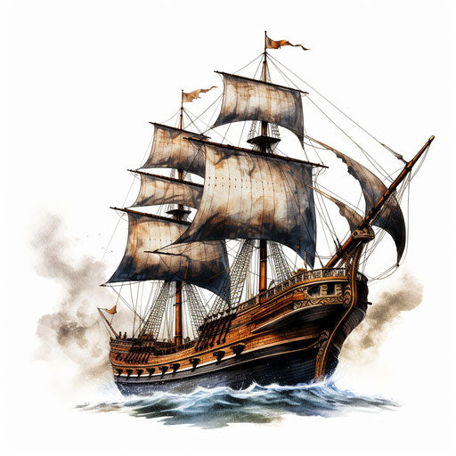 Pirate ship clipart in the style of Chiaroscuro Art, on a white background