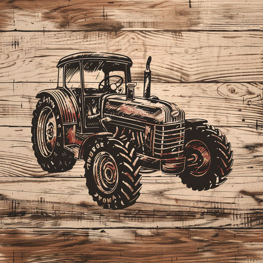 Rustic farm logo with hand-drawn tractor on wooden background