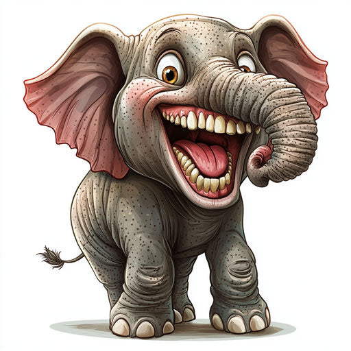 Humorous caricature of a cute elephant with human characteristics