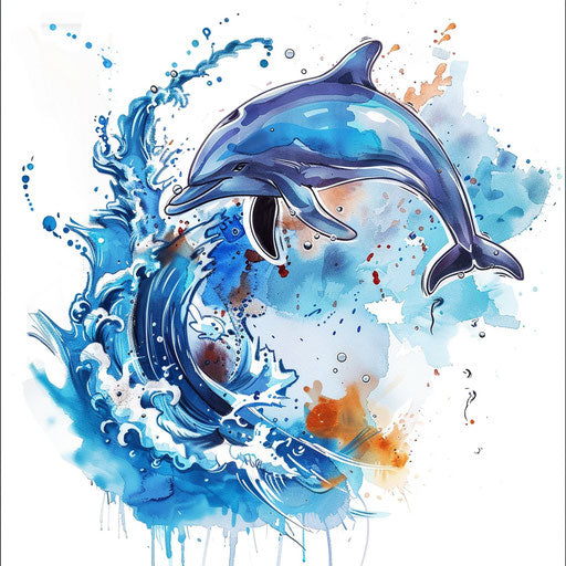 Playful dolphin jumping waves tattoo dynamic watercolor style