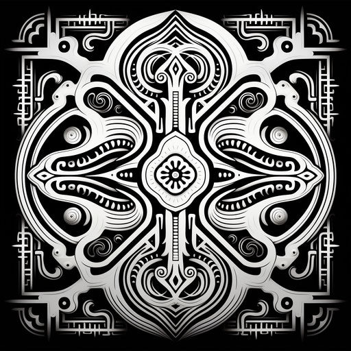 Intricate tribal pattern, black and white, graphic art style