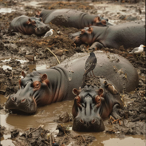 Hippos lounging in mud, birds cleaning their skin