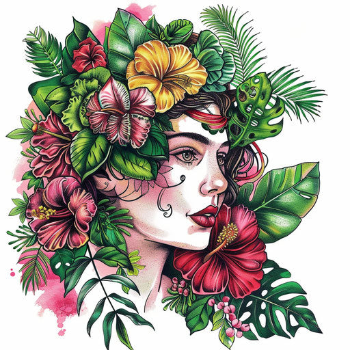 Exotic flat tattoo sketch of Venus adorned with exotic flowers, lush pink and green, clipart design