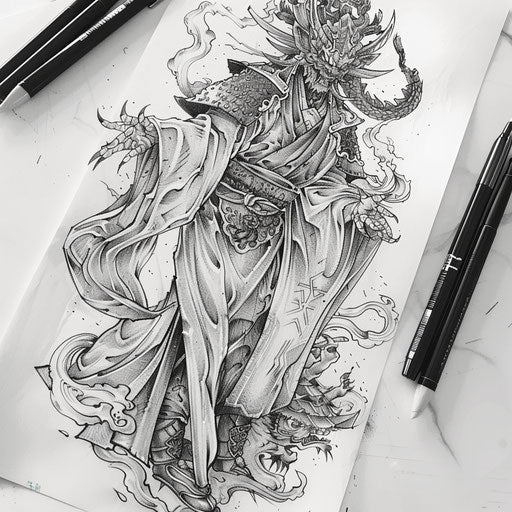 Flat tattoo sketch of a Japanese demon in elegant robes