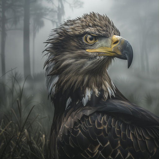 Intense gaze of the American eagle against misty bayou