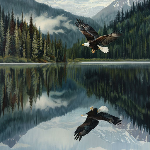 Majestic eagle soaring above a pristine mountain lake