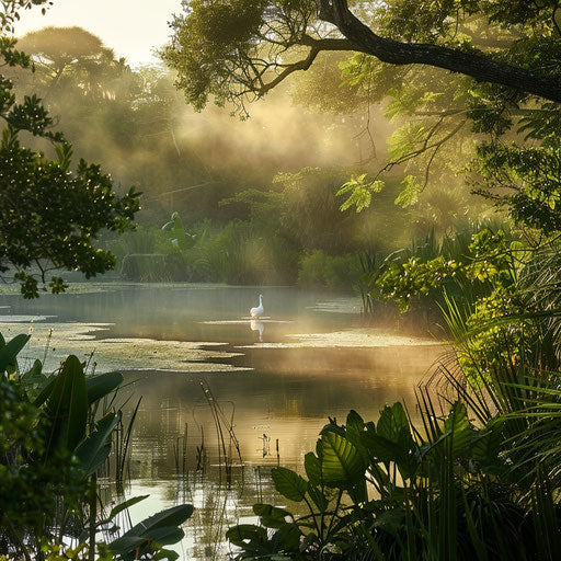 Morning crane habitat, mist on the calm lake