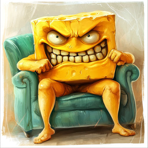 Humorous caricature of a butter clipart with human characteristics, exaggerated big teeth, long legs, sitting on a couch, vibrant colors, cartoon style, angry, high-resolution, no background, isolated
